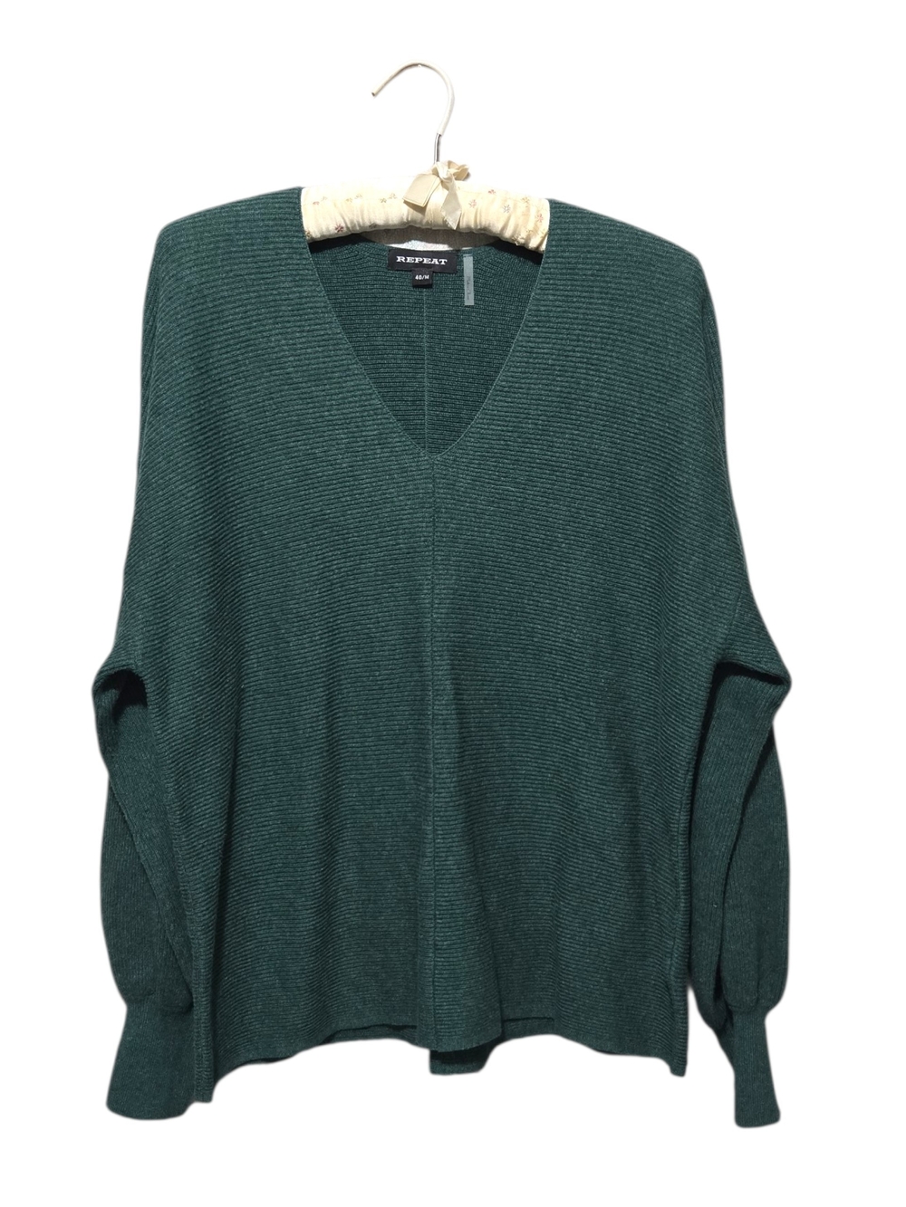 REPEAT Cashmere Teal Green Ribbed Knit V-Neck Sweater Size